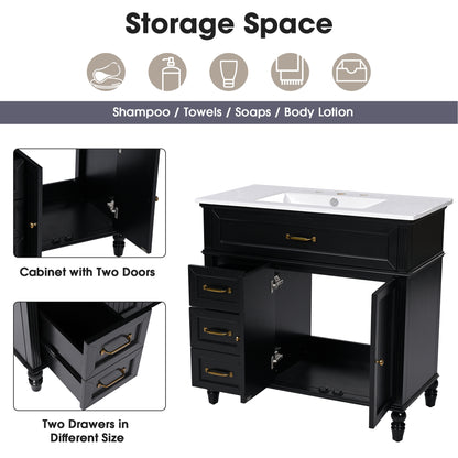 [Video] 36" Bathroom Vanity with Sink, Bathroom Cabinet with Drawers, Solid Frame and MDF Board, One Package, Black(same SKU: N725P195410B) image 5