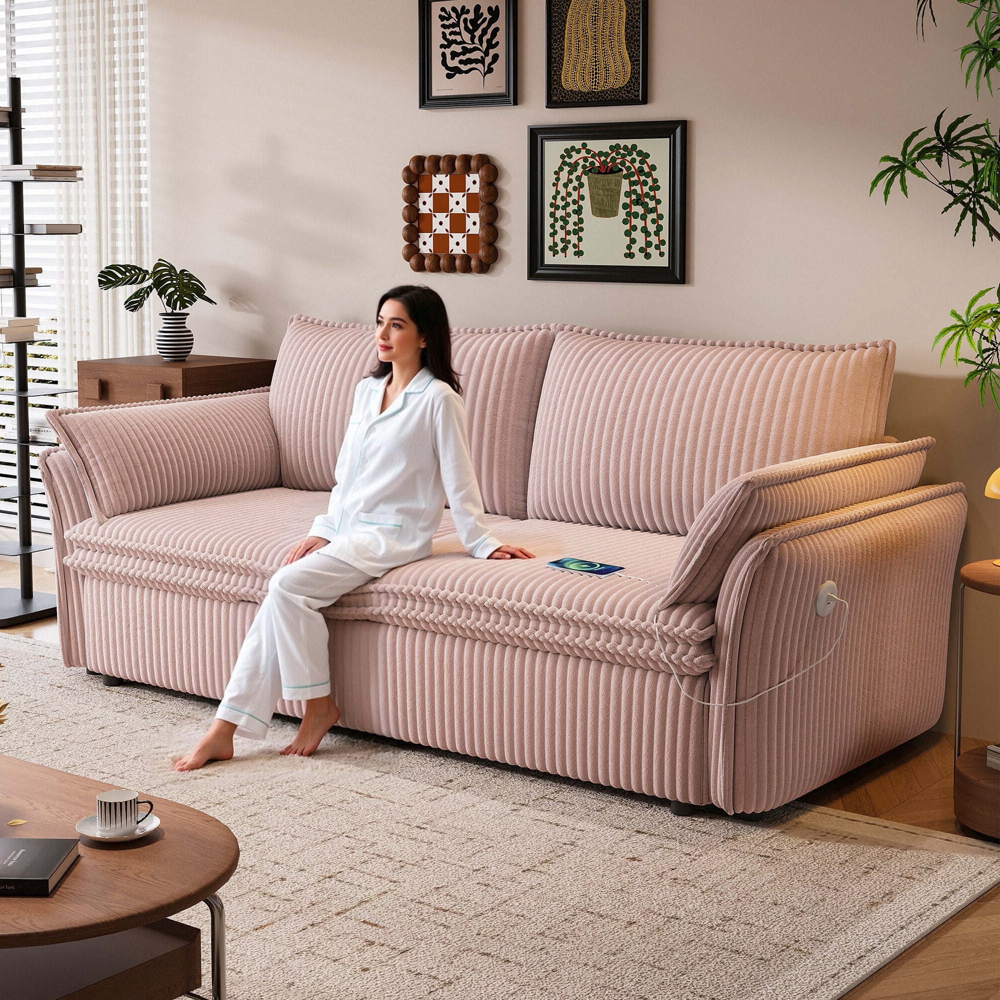 This is a multi-functional sofa with a 85-inch convertible sofa bed. It is in a two-in-one design, suitable for both sitting and lying. It is made of plush fabric and is suitable for both living rooms image 3