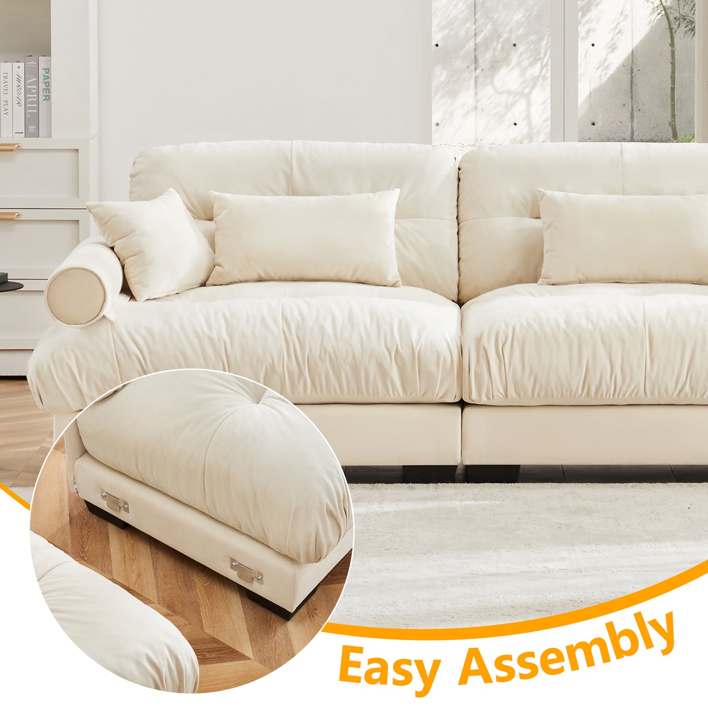 Super Comfort Oversized Modular Velvet Sectional Sofa Couch with Movable Ottoman,Corner Sectional with Bolstered Armrests, Deep Seat Cloud Couch, Convertible L Shaped Couch for Living Room Cream image 5