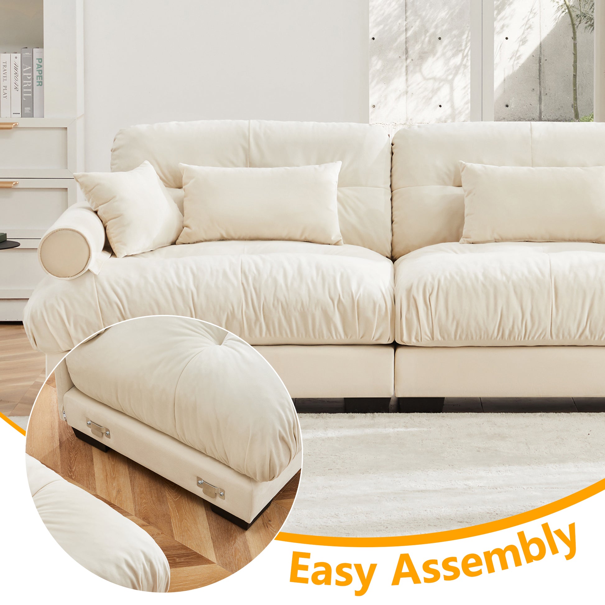 Super Comfort Oversized Modular Velvet Sectional Sofa Couch with Movable Ottoman,Corner Sectional with Bolstered Armrests, Deep Seat Cloud Couch, Convertible L Shaped Couch for Living Room Cream image 5