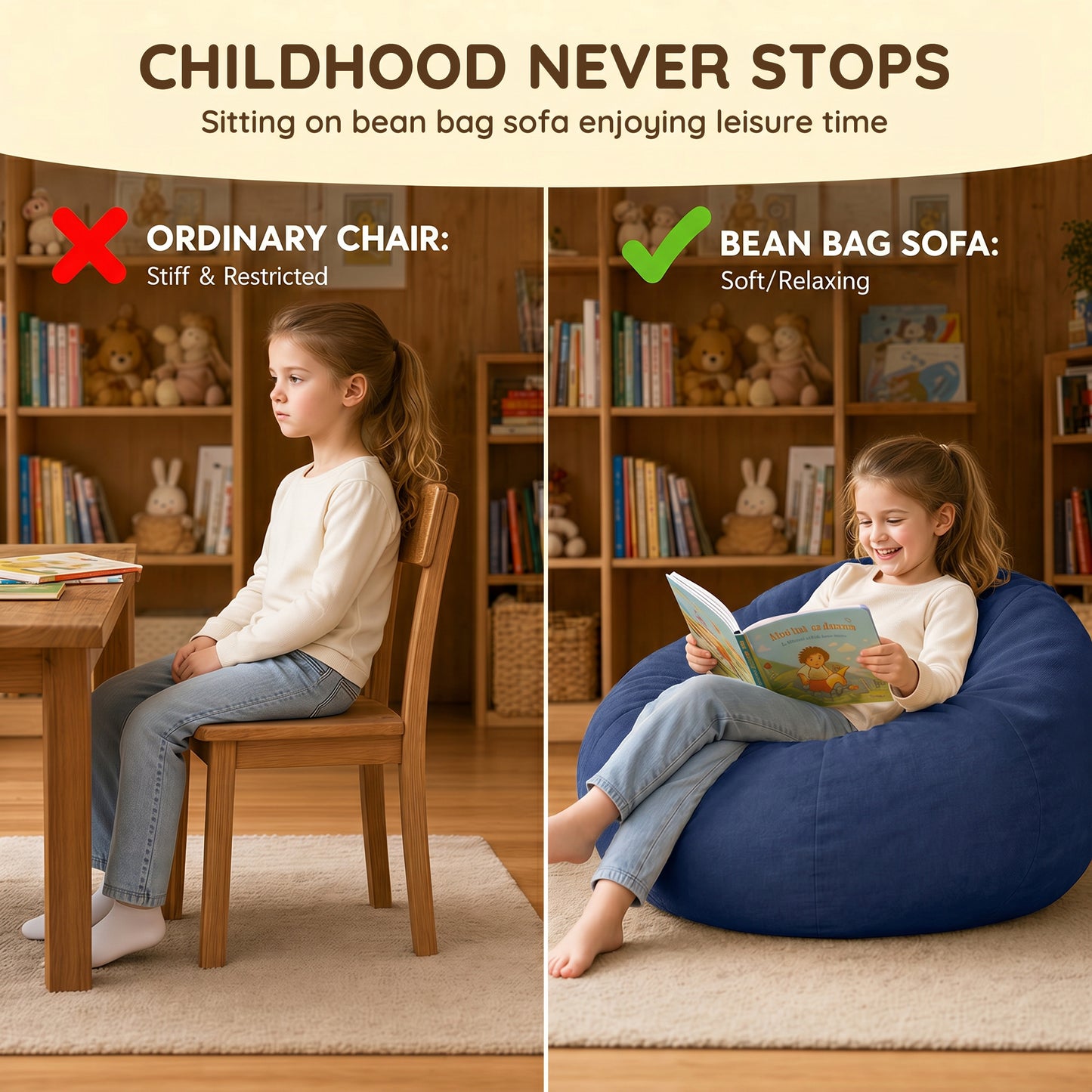2.5FT Bean Bag Chair for Teens & Youth, Velvet Cartoon & Chenille Fabric Beanbag Chair with High-Density Foam Filled, Soft Comfy Bean Bag Sofa for Playroom, Bedroom, Living Room image 5