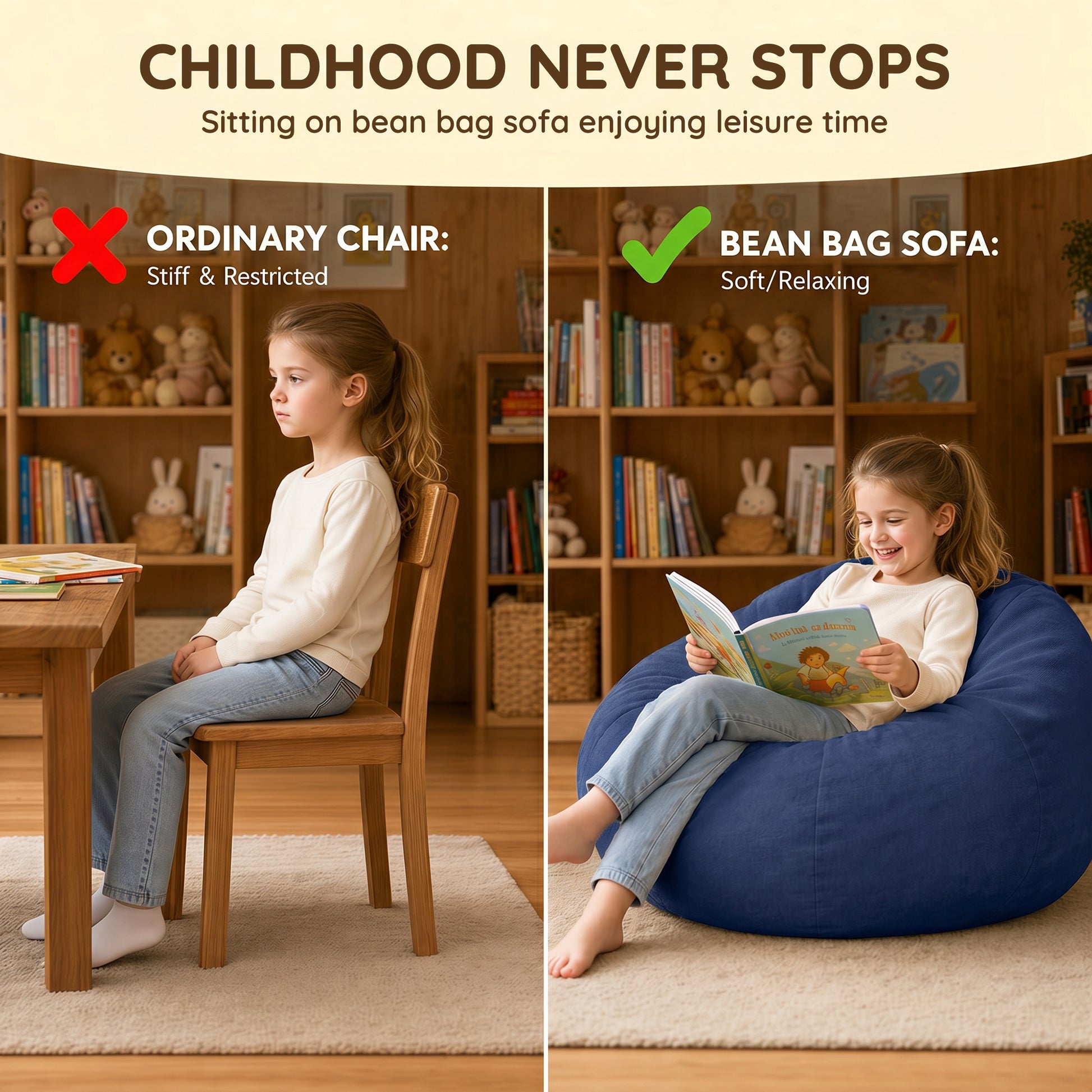 2.5FT Bean Bag Chair for Teens & Youth, Velvet Cartoon & Chenille Fabric Beanbag Chair with High-Density Foam Filled, Soft Comfy Bean Bag Sofa for Playroom, Bedroom, Living Room image 5