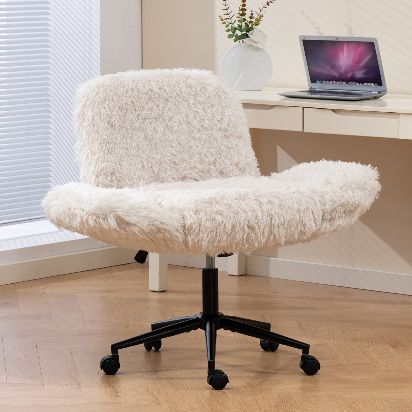 Criss Cross Chair with 5-Gear Adjustable Armrests & Wheels, Ergonomic Thickened Backrest Swivel Desk Chair for Home Office, Vanity, Bedroom and Living Room, Beige Lamb wool image 9