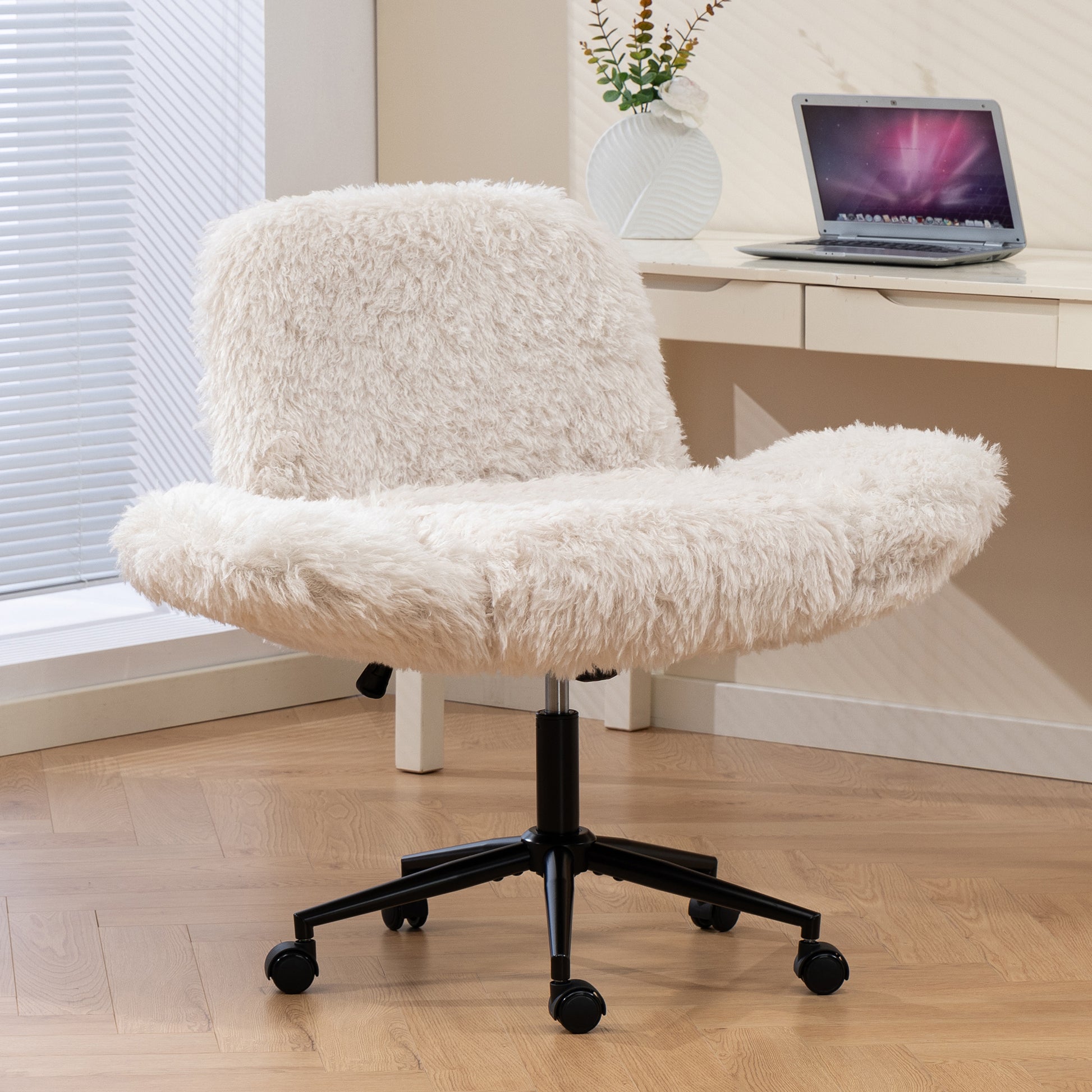 Criss Cross Chair with 5-Gear Adjustable Armrests & Wheels, Ergonomic Thickened Backrest Swivel Desk Chair for Home Office, Vanity, Bedroom and Living Room, Beige Lamb wool image 9