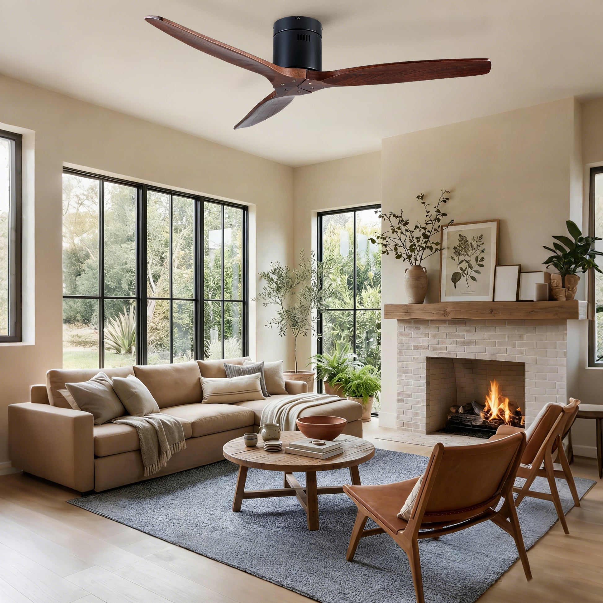 52 inch Indoor Farmhouse Rustic Ceiling Fan Matte Black with 3 Solid Wood Blade Remote Control Reversible DC Motor image 4