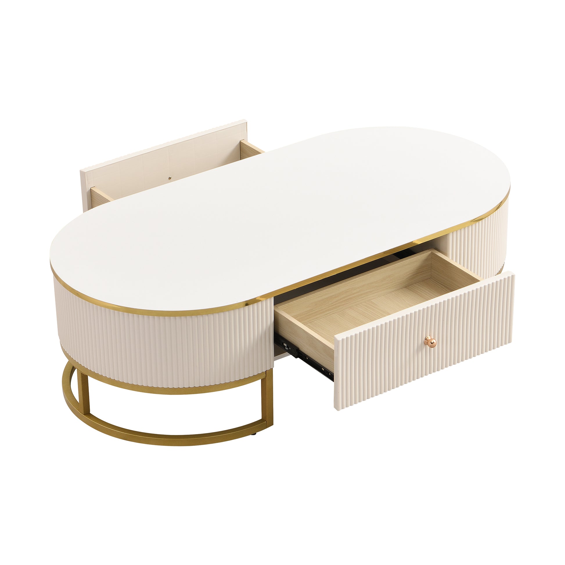 Modern Oval Coffee Table with Drawers,Curved Profile Design, Gold Metal Decor, Center Table for Living Room in 47.2" image 8