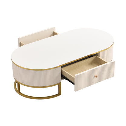 Modern Oval Coffee Table with Drawers,Curved Profile Design, Gold Metal Decor, Center Table for Living Room in 47.2" image 8