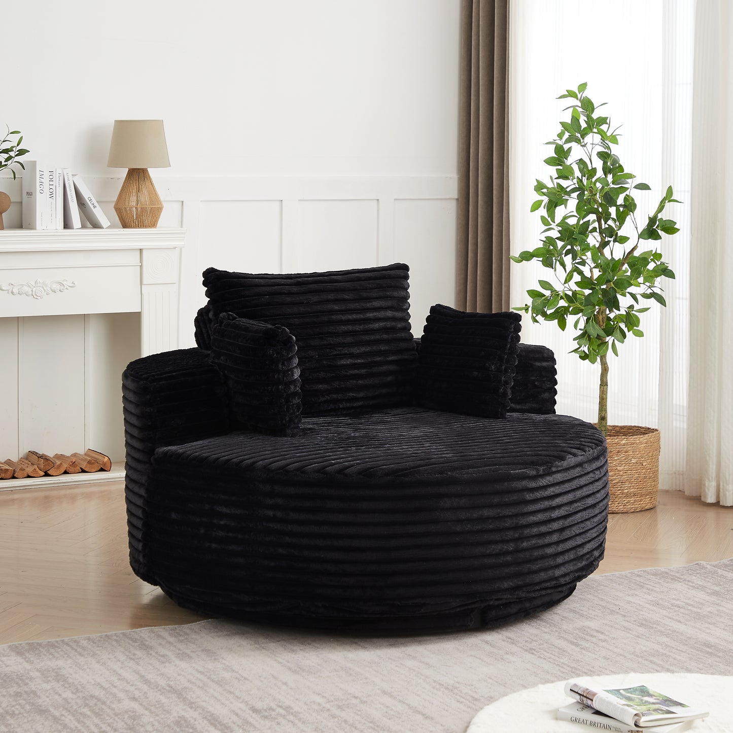 55''L Corduroy Foam Single Swivel Chair, Fluffy Modern Sleeper, 360 Degree Swivel Chair for Living Room, Bedroom, Lounge and Projection Room image 1