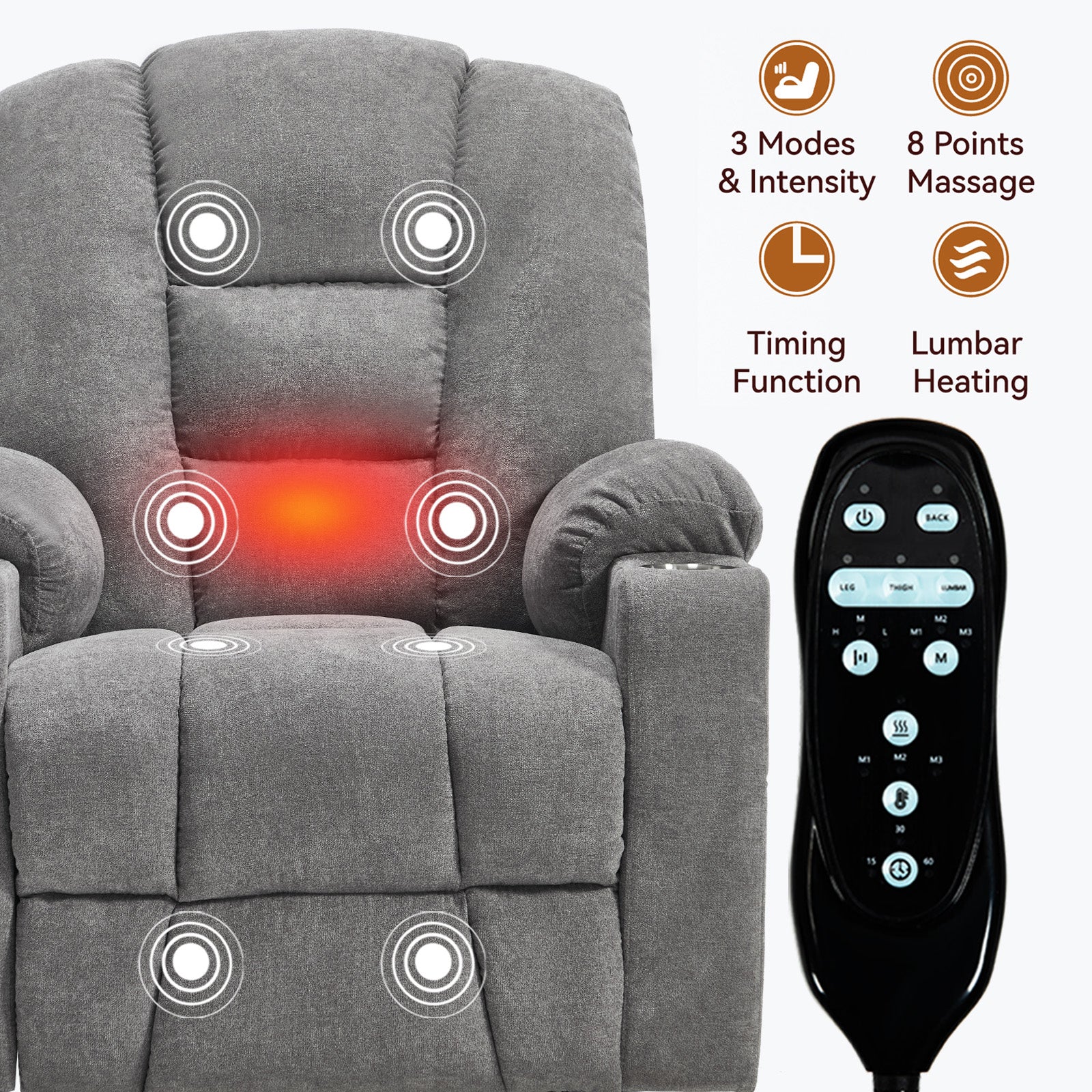 Power Lift Recliner Chair with Massage and Heat for Elderly, Overstuffed Wide Recliners, Heavy Duty Motion Mechanism with USB and Type C Ports, 2 Steel Cup Holders, Light Grey image 7