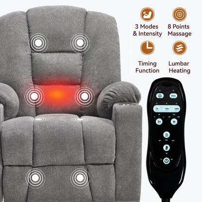 Power Lift Recliner Chair with Massage and Heat for Elderly, Overstuffed Wide Recliners, Heavy Duty Motion Mechanism with USB and Type C Ports, 2 Steel Cup Holders, Light Grey image 7