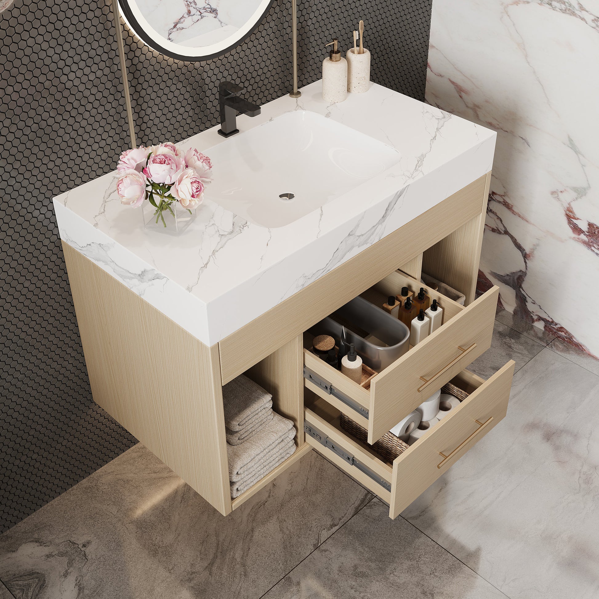29.9" Modern Floating Bathroom Vanity with Sintered Stone Top Ceramic Undermount Sink Wall-Mounted for Small Bathrooms, Apartment image 6