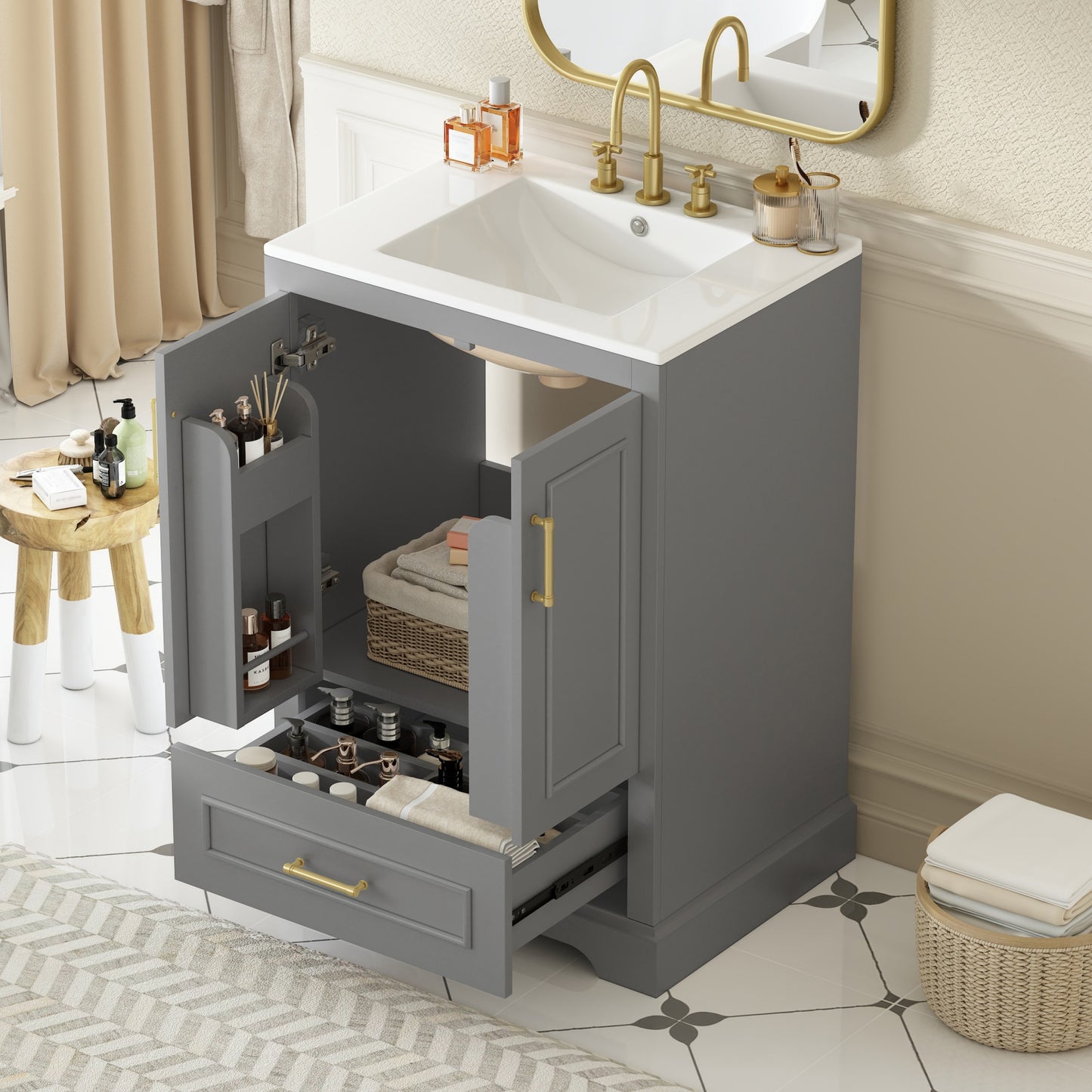 24"Bathroom Vanity with Sink, MDF Cabinet with Solid Wood Frame, 1 Divided Drawer and 2 Soft Close Doors with Double Shelf on the Door, Freestanding Vanity image 1