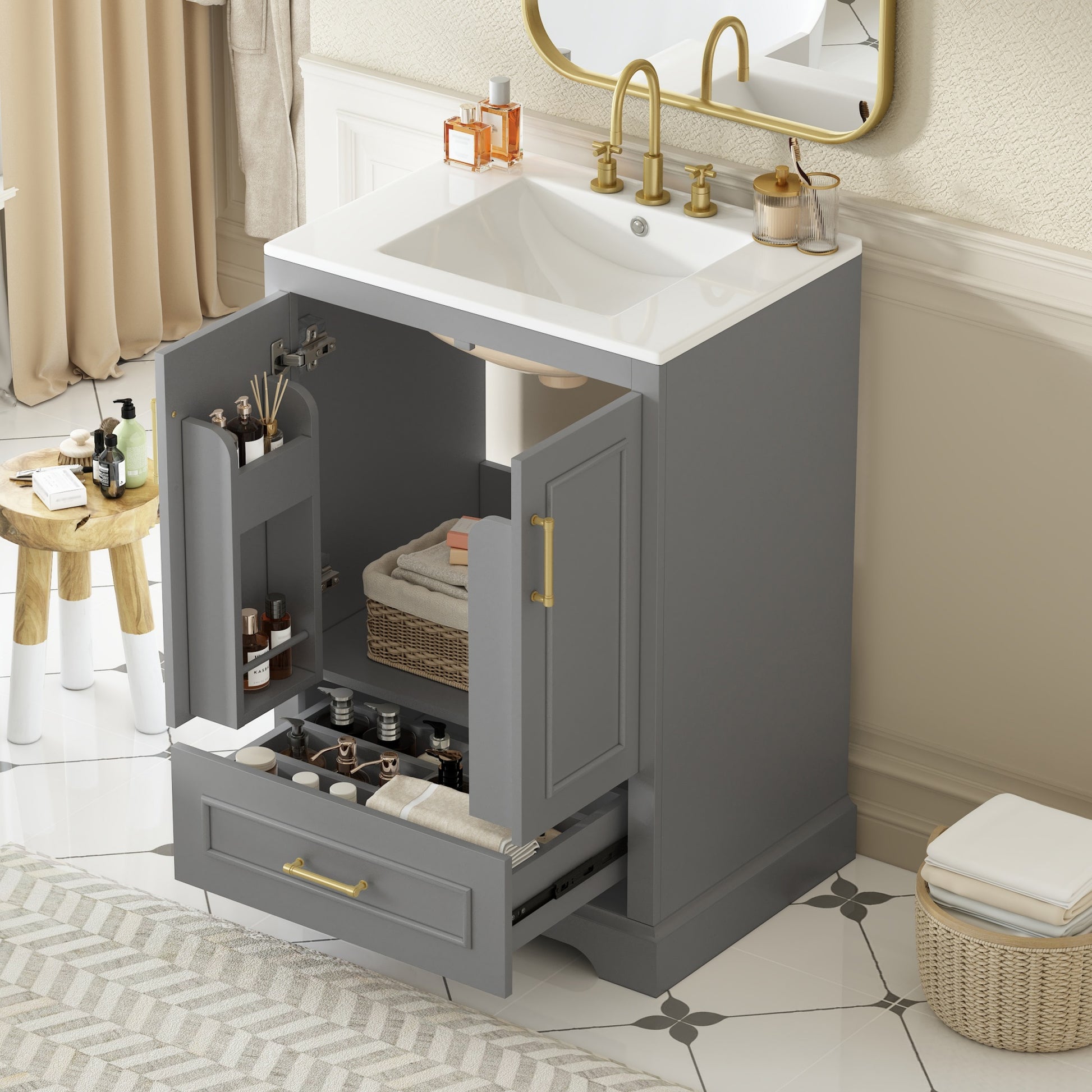24"Bathroom Vanity with Sink, MDF Cabinet with Solid Wood Frame, 1 Divided Drawer and 2 Soft Close Doors with Double Shelf on the Door, Freestanding Vanity image 1