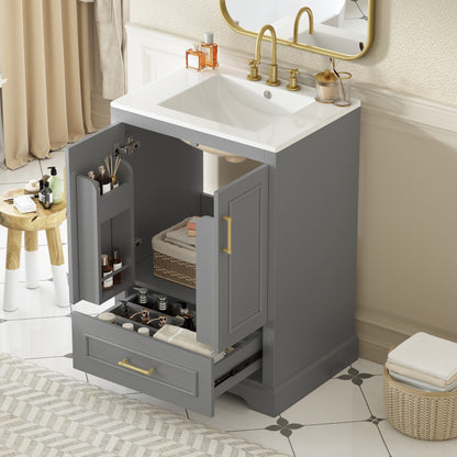24"Bathroom Vanity with Sink, MDF Cabinet with Solid Wood Frame, 1 Divided Drawer and 2 Soft Close Doors with Double Shelf on the Door, Freestanding Vanity image 1