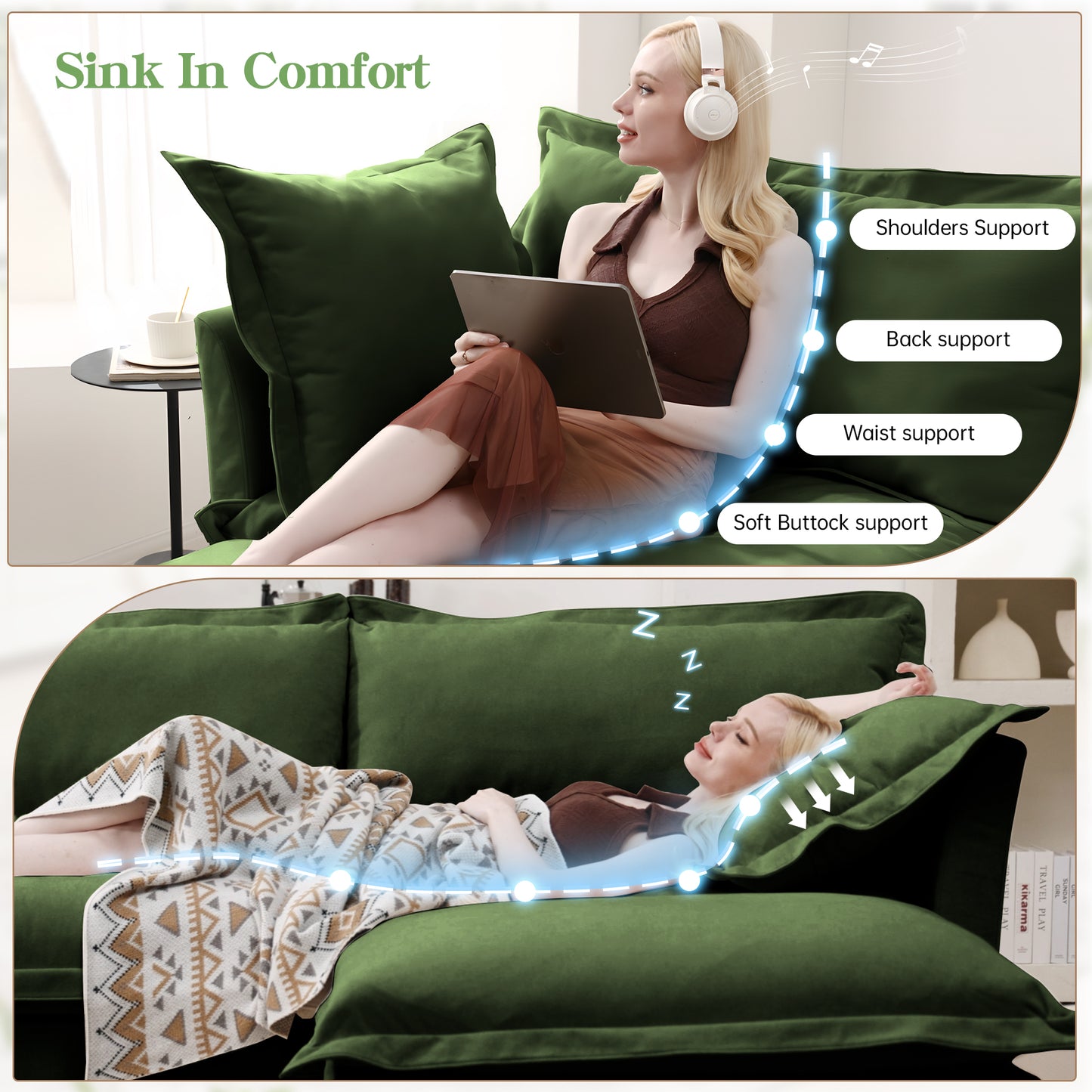 Modern Slipcovered 2-Seat Sofa Couches for Living Room, 2 Seater Sofa, Plain Chenille Deep Seat Sofa with Upholstered Cushion&Detachable Cover, Comfy Sofa Couch for Small Space, Apartment, Green image 7