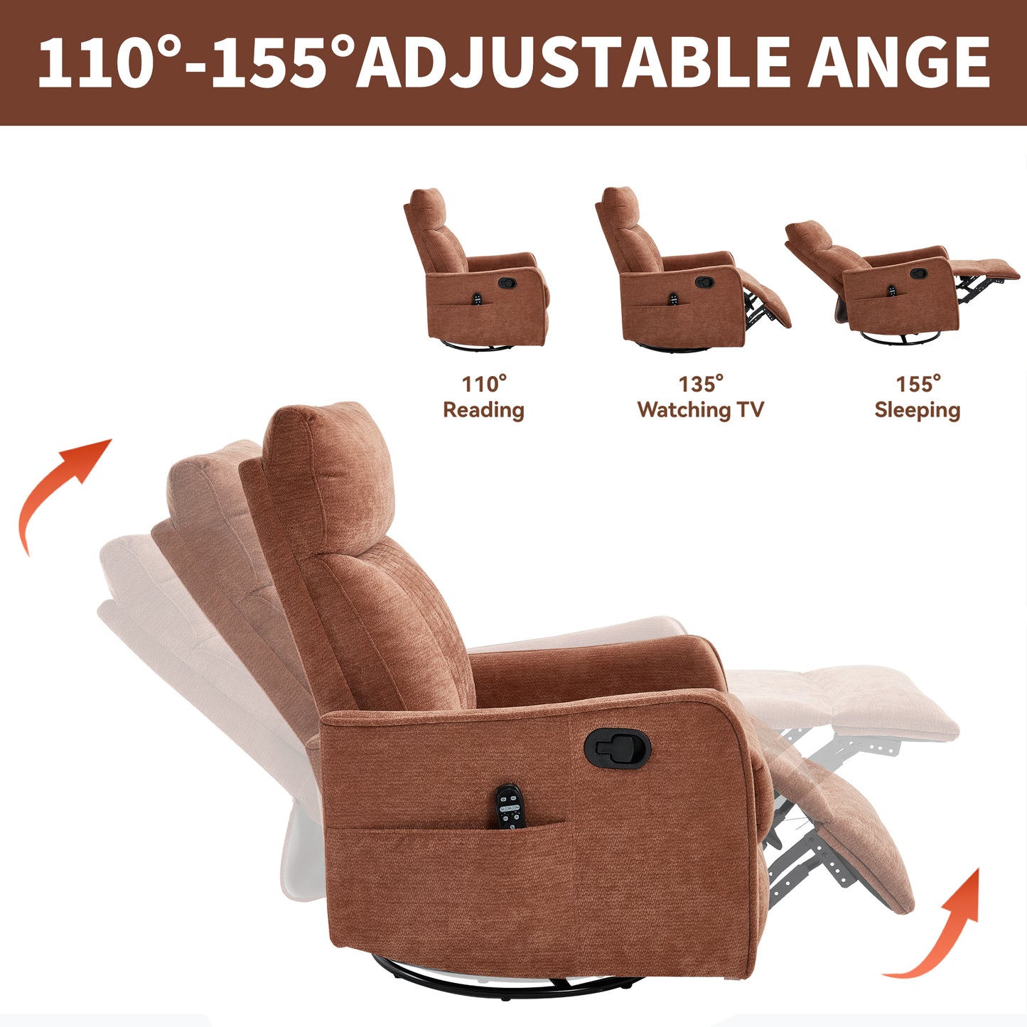 Orange Heat Massage Manual Recliner Chair with Rocker and Swivel in Fabric for Living Room image 5
