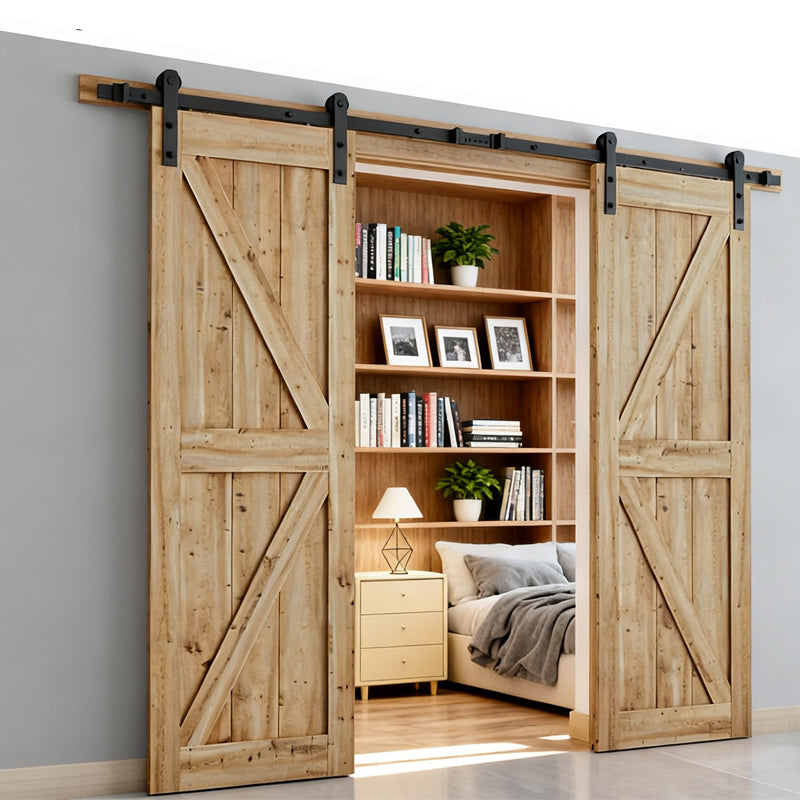 12FT Wood Double Sliding Barn Door Hardware Basic Black Big Spoke Wheel Roller Kit, 5-18FT for Choose image 9