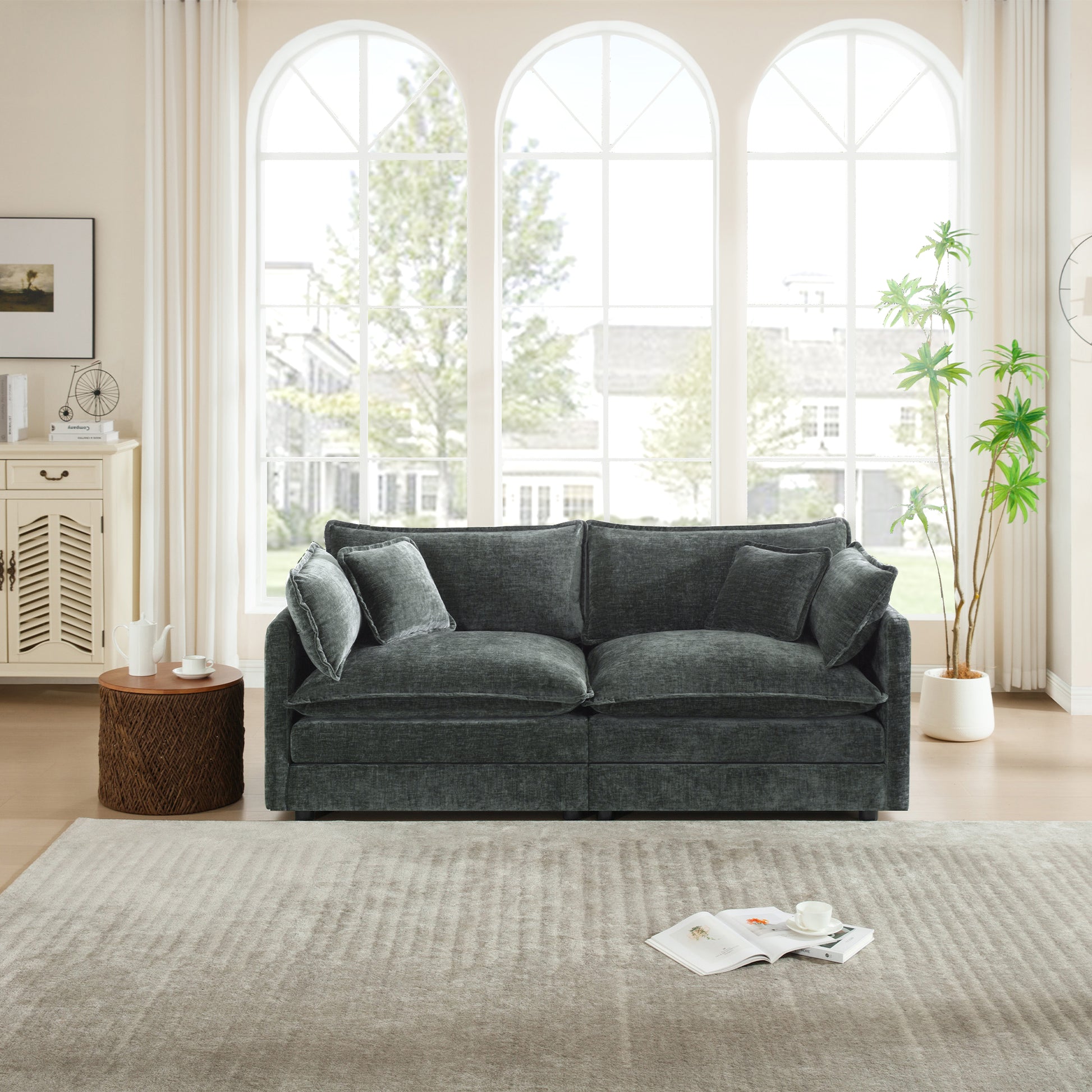 Modern Fabric Loveseat Sofa Couch for Living Room, Upholstered Large Size Deep Seat 2-Seat Sofa with 4 Pillows,Gray Chenille image 3
