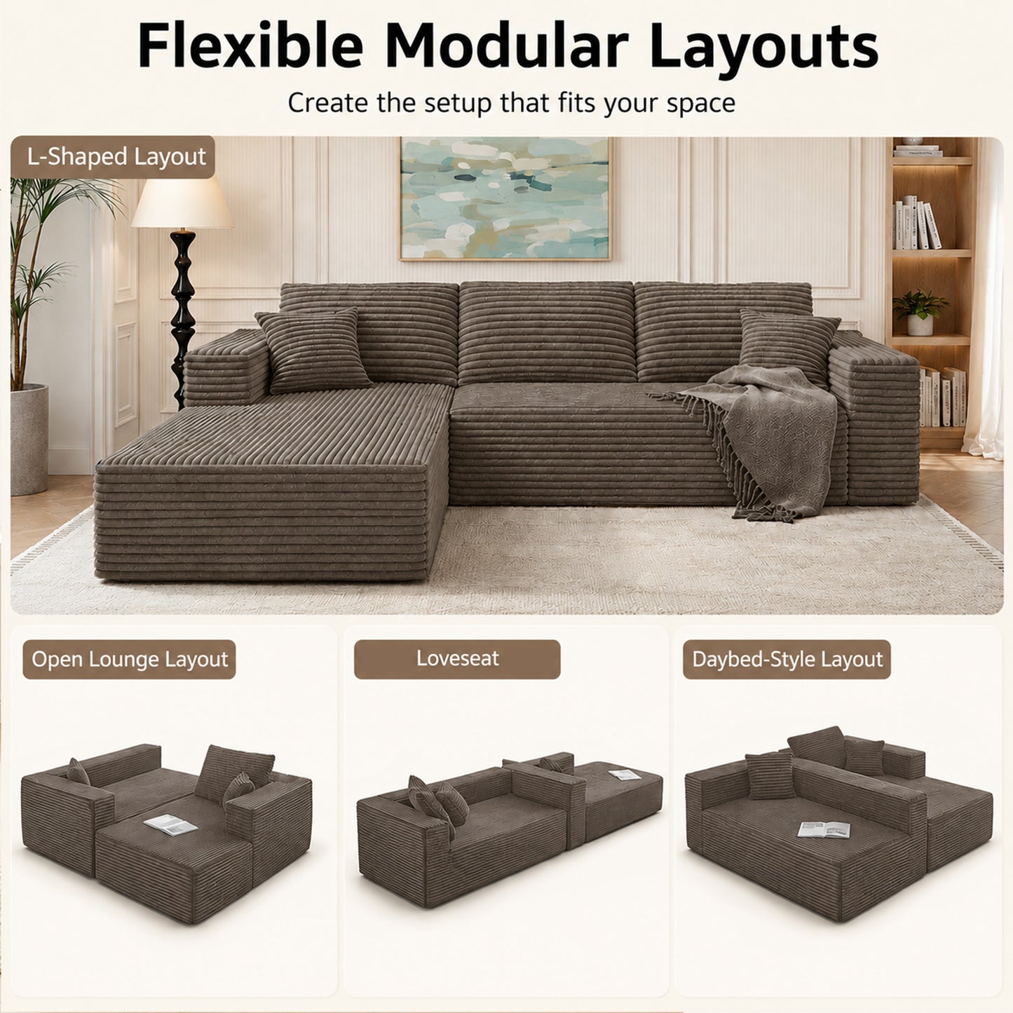 105.1-inch modern Coffee corduroy L-shaped 7-shaped sofa with left side lounge chair, pure sponge compressed cloud sofa, suitable for living rooms, apartments, tool free assembly. image 2