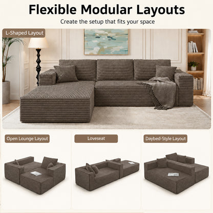 105.1-inch modern Coffee corduroy L-shaped 7-shaped sofa with left side lounge chair, pure sponge compressed cloud sofa, suitable for living rooms, apartments, tool free assembly. image 2