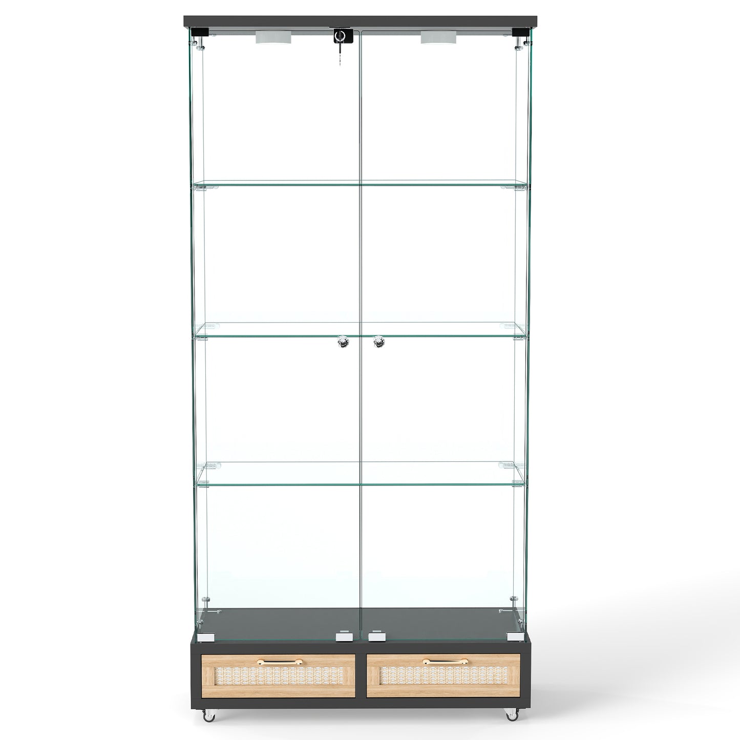 Modern Glass Display Cabinet with Large Drawers,Quick-assembly Antique Cabinet with LED lights,Tempered Glass Bookshelf,2-Door Storage Case with 4 Shelves for Living Room and Bedroom,black and natural image 12