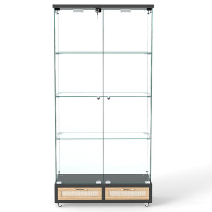 Modern Glass Display Cabinet with Large Drawers,Quick-assembly Antique Cabinet with LED lights,Tempered Glass Bookshelf,2-Door Storage Case with 4 Shelves for Living Room and Bedroom,black and natural image 12