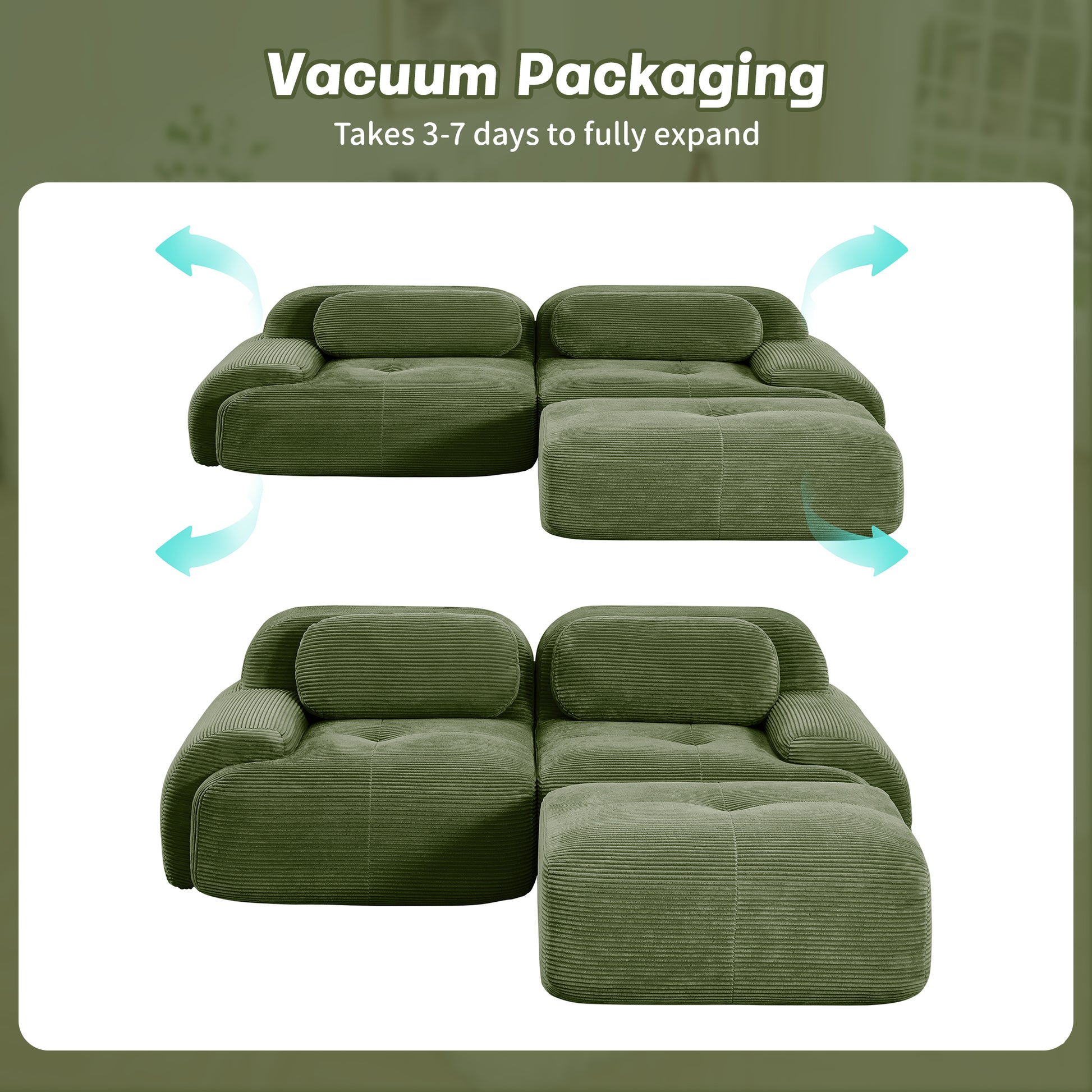 82'' L-shaped sofa in softCorduroy Fabric fabric modular design multiple combinations curved armrests assembly required high-resilience sponge suitable for living rooms rest areas bedroom,Olive green image 12