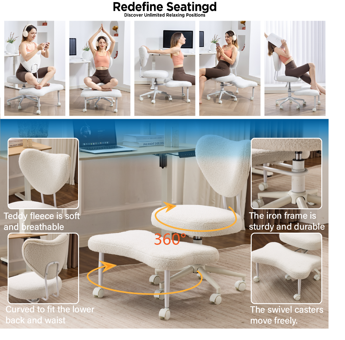 Meditation chair, an ergonomic cross-legged seating chair with lumbar support and a height-adjustable seat cushion, ideal for people engaged in high-intensity office work. Beige image 5