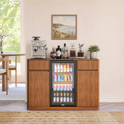 53.2"Fluted Buffet Wine Cabinet with Mini Fridge Nook(Fridge Not Included), Charging Station&Adjustable Shelves, Sideboard Storage Cabinet for Kitchen Living Room,Walnut image 1