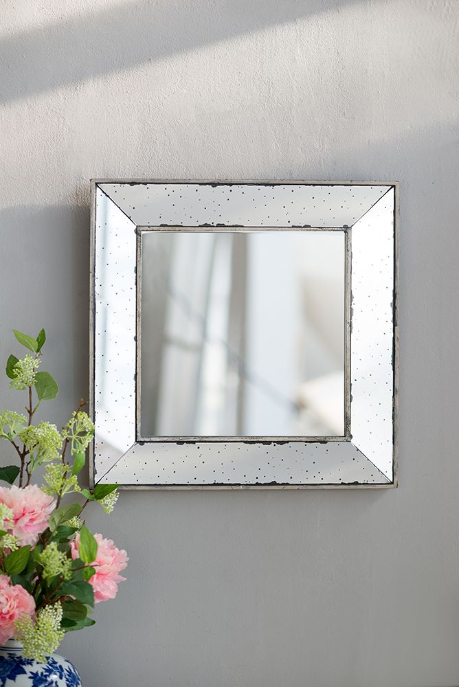 18x18 Distressed Silver Square Accent Mirror - In Living Room Setting