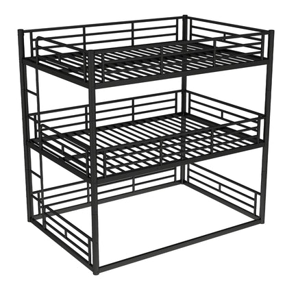 Full over Full over Full Bunk Bed, Metal Triple Bunk Bed with Safety Guardrails, Heavy-duty Bunk Bed with Noise-reduced Design, Black image 6