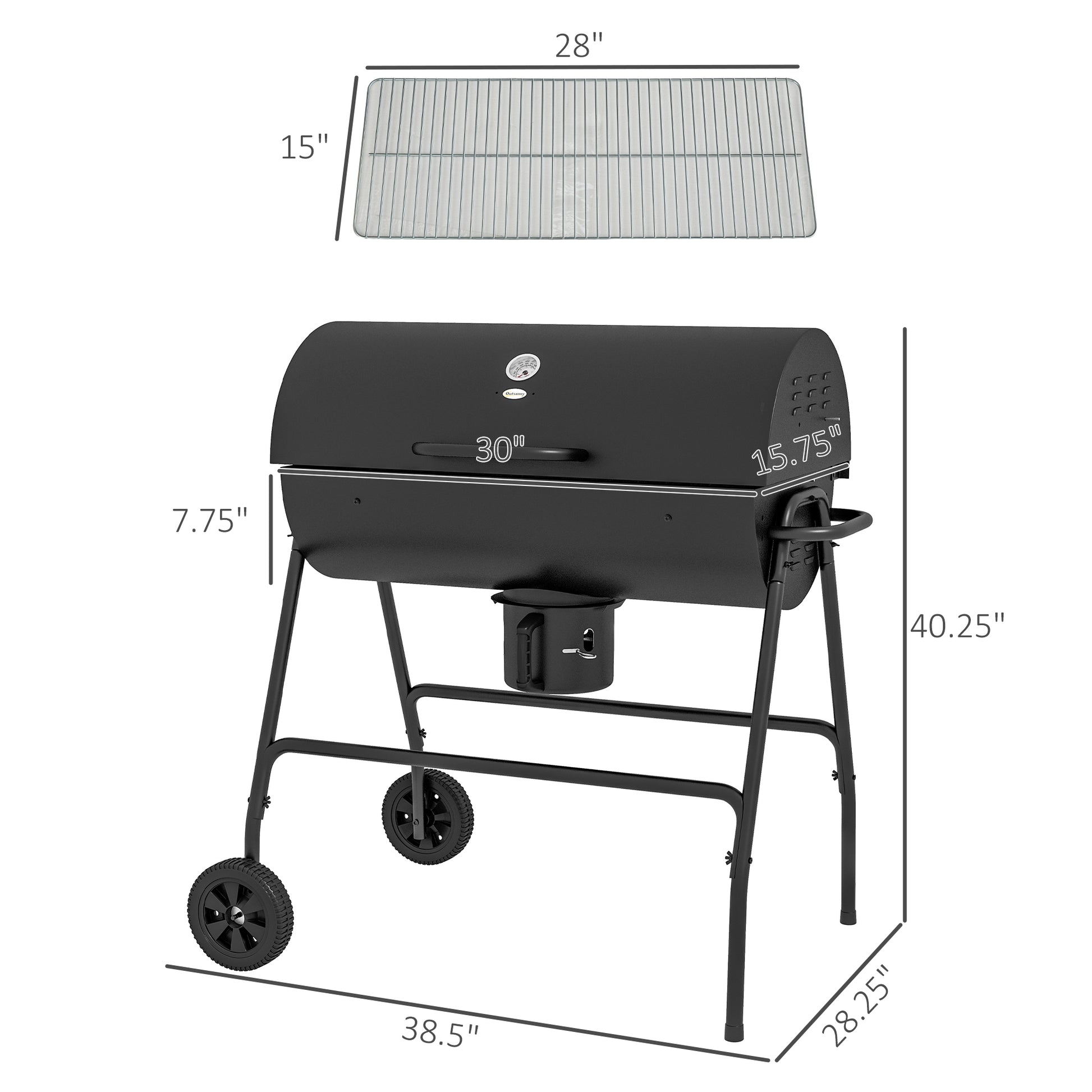 Outsunny Barrel Charcoal BBQ Grill with 420 sq.in. Cooking Area, Outdoor Barbecue with Wheels, Ash Catcher and Built-in Thermometer for Patio Picnic, Backyard Party, Black image 3