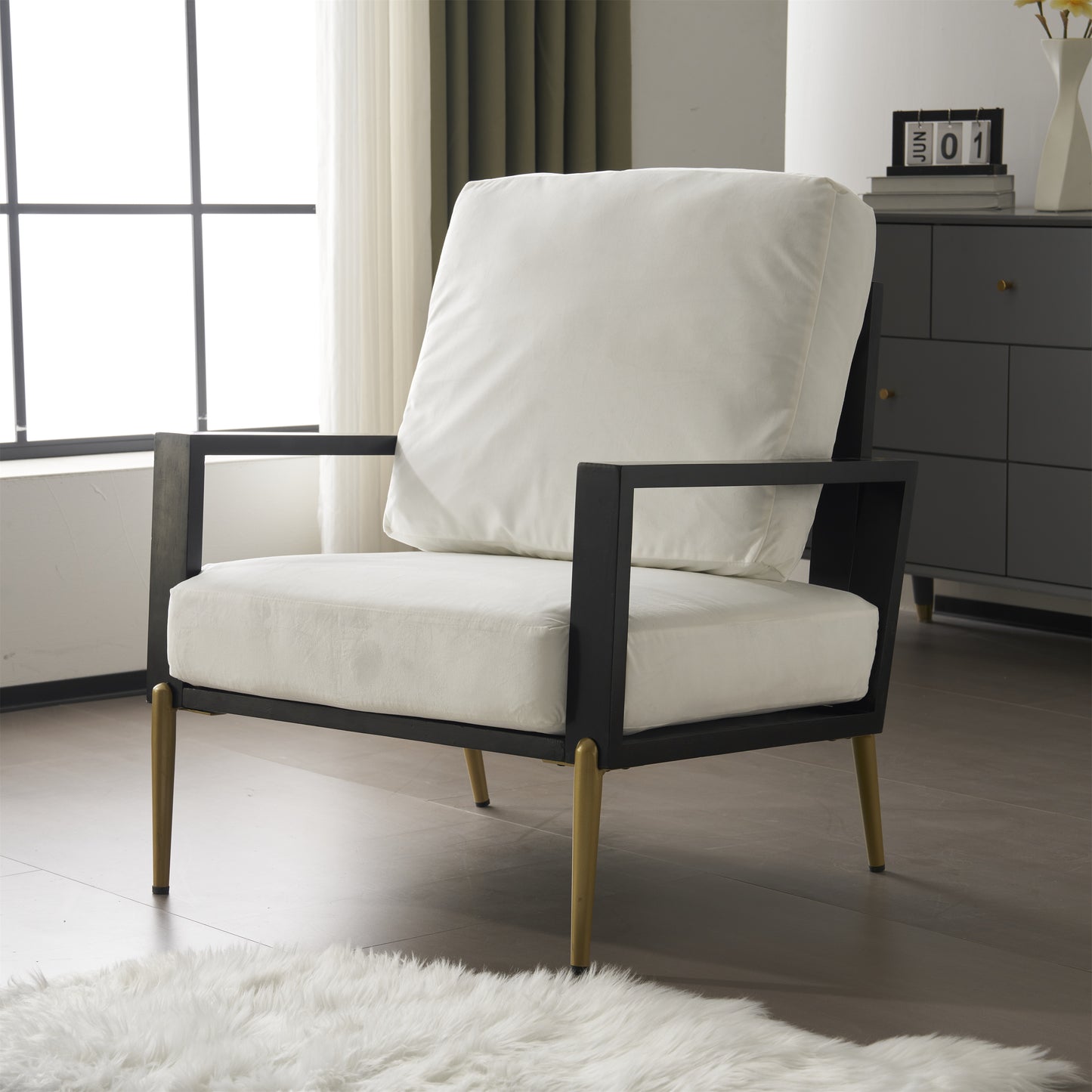 Upholstered Accent Chair, Velvet Lounge Arm Chair with Solid Wood Frame, Living Room Chairs with Metal Legs for Reading Chair for Balcony, Living Room and Bedroom, White image 1