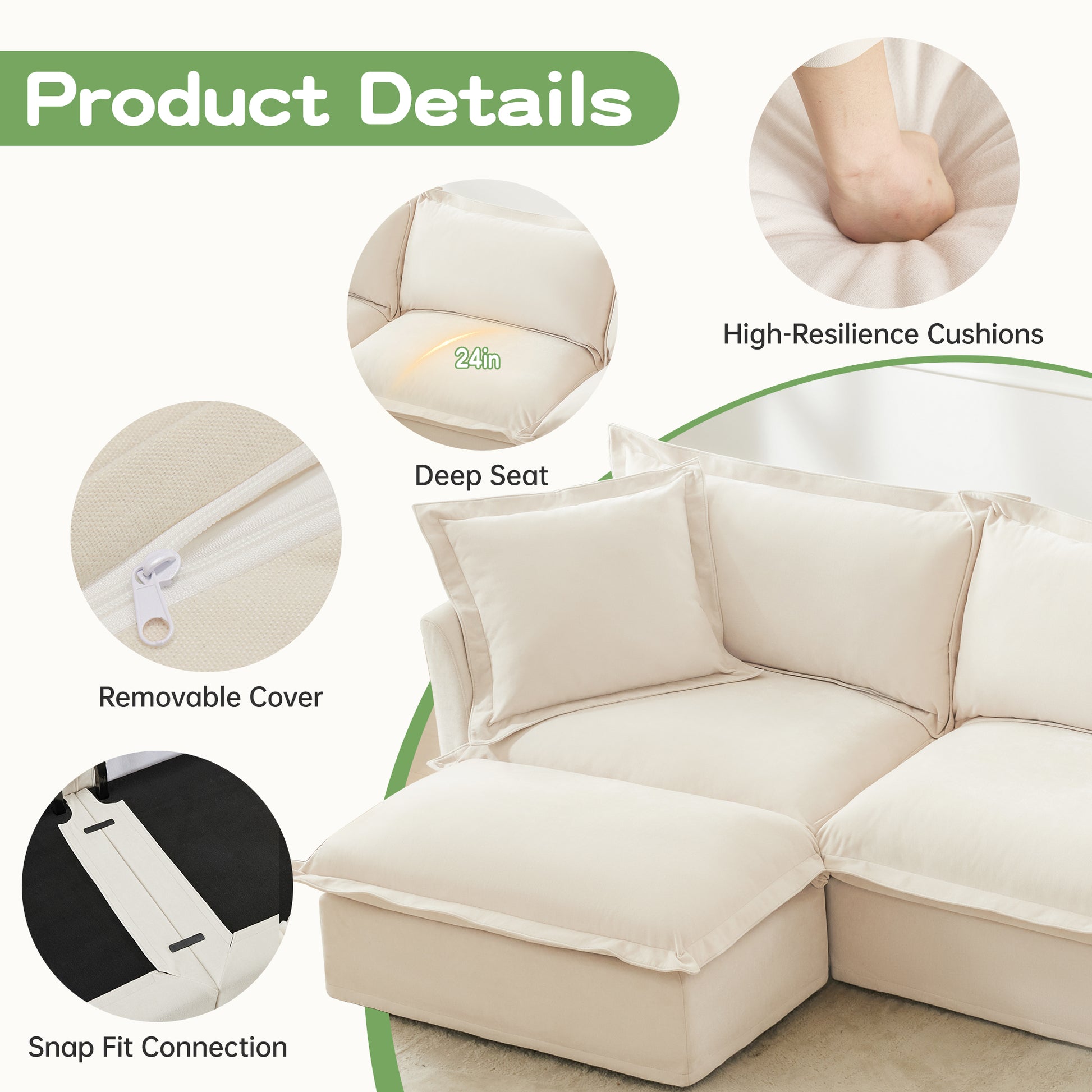 Slipcovered Sectional 2 Seater Sofa Couch with Convertible Ottoman, Wide and Deep Seat L Shaped Sofa with Detachable Cover and Soft Multiple Big Pillows, Chenille Fabric, Cream image 8