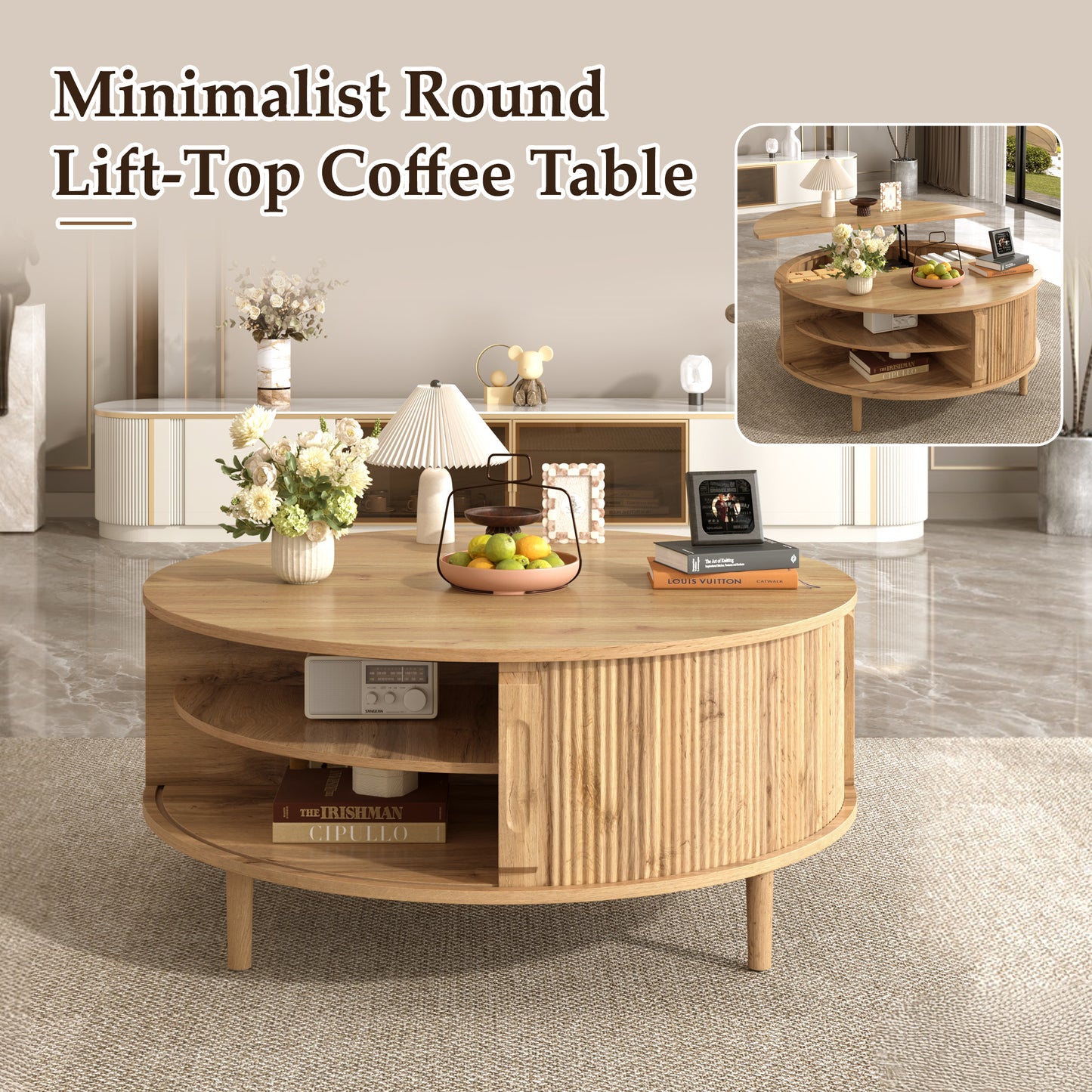 U-Can Minimalist Round Lift-Top Coffee Table with Hidden Storage, Sliding Door, Pine Legs, and Wood Wave Finish image 7