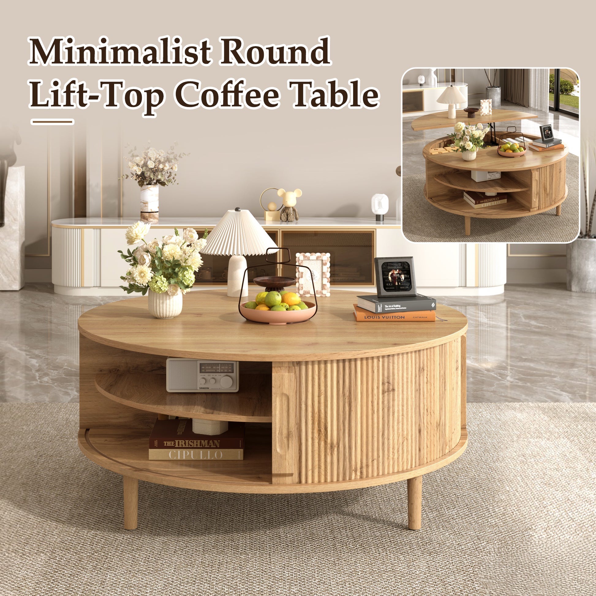 U-Can Minimalist Round Lift-Top Coffee Table with Hidden Storage, Sliding Door, Pine Legs, and Wood Wave Finish image 7
