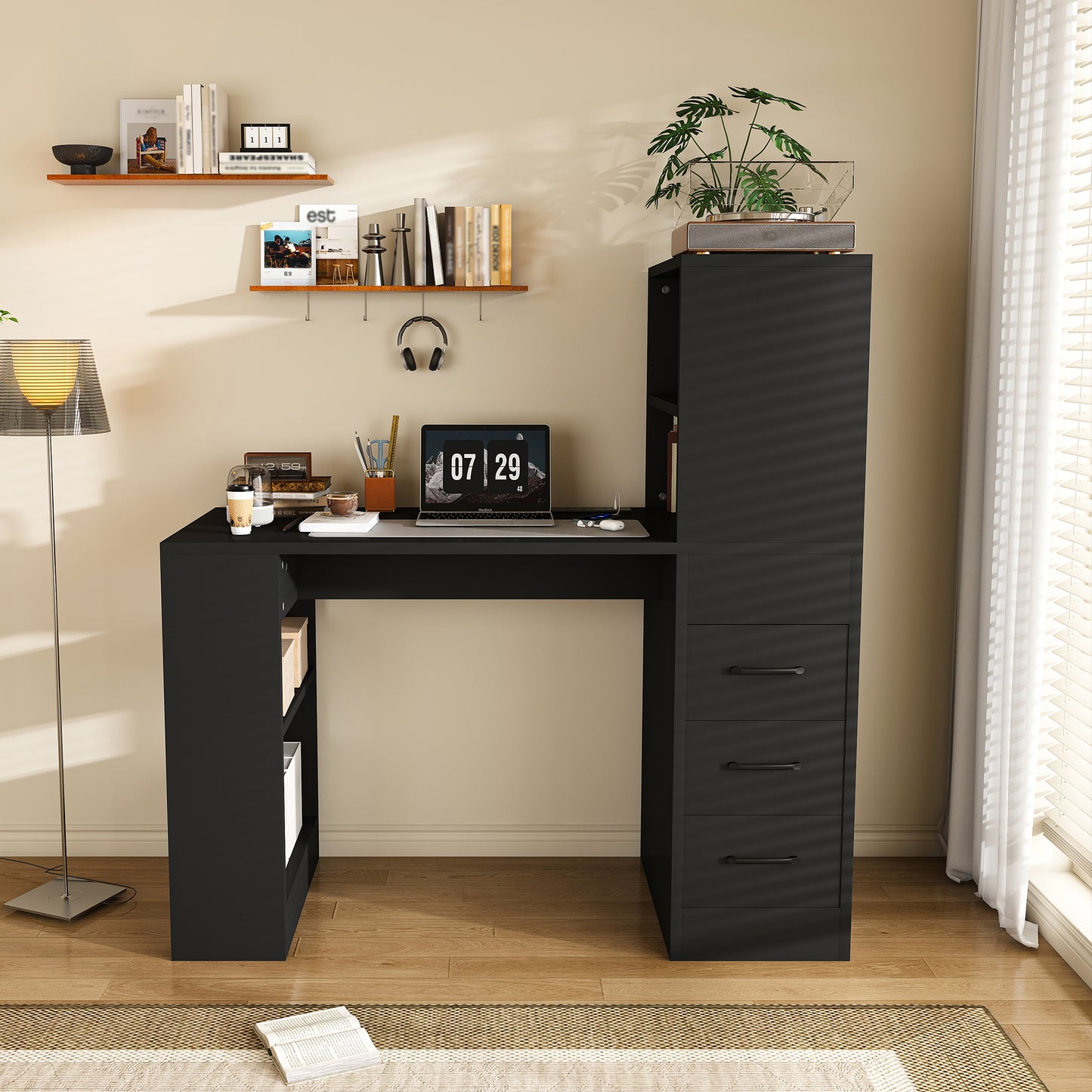 Black Computer Desk with 4-in-1 Socket, the Desk with 3 Slide Drawers and 4 Storage Levels, the Wooden Desk is Suitable for a Variety of Places image 10