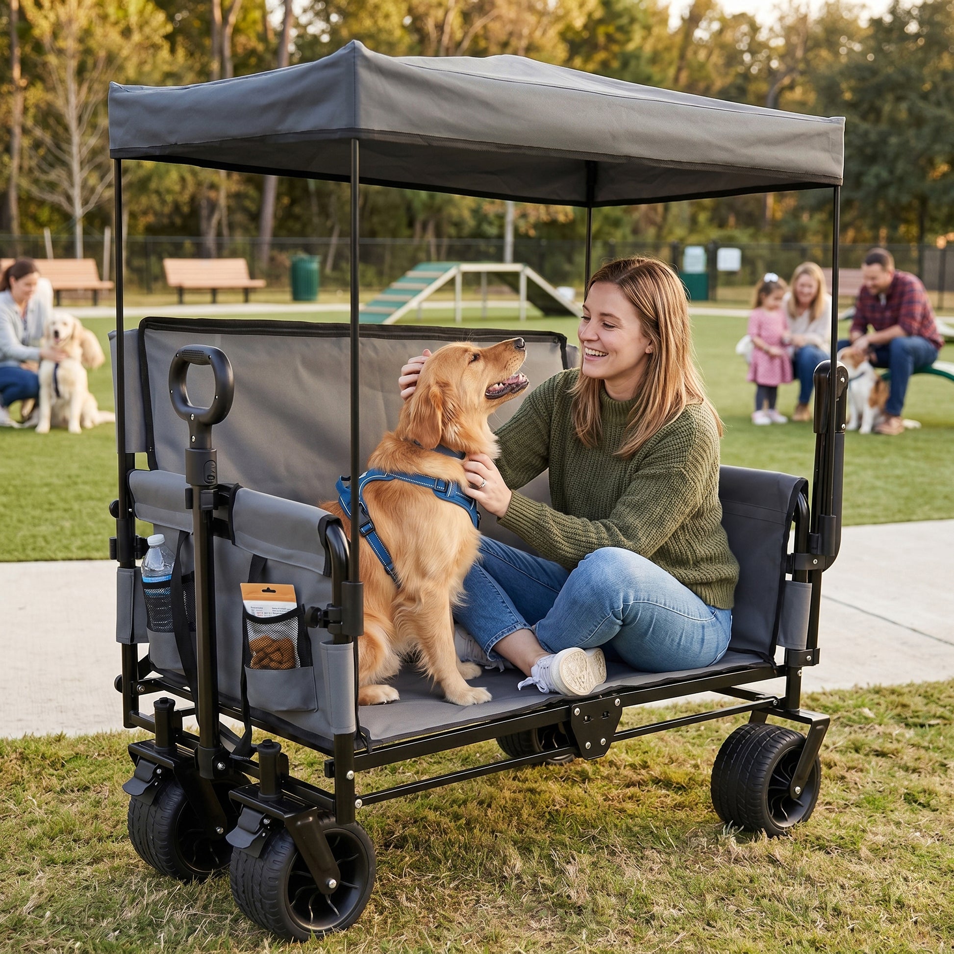 3-in-1 Folding Wagon Cart with Bench Seat & Canopy & Storage, 500lbs Heavy-Duty, 180L Capacity, All-Terrain Wagon for Camping, Beach, Sports, & Garden, Gray image 2