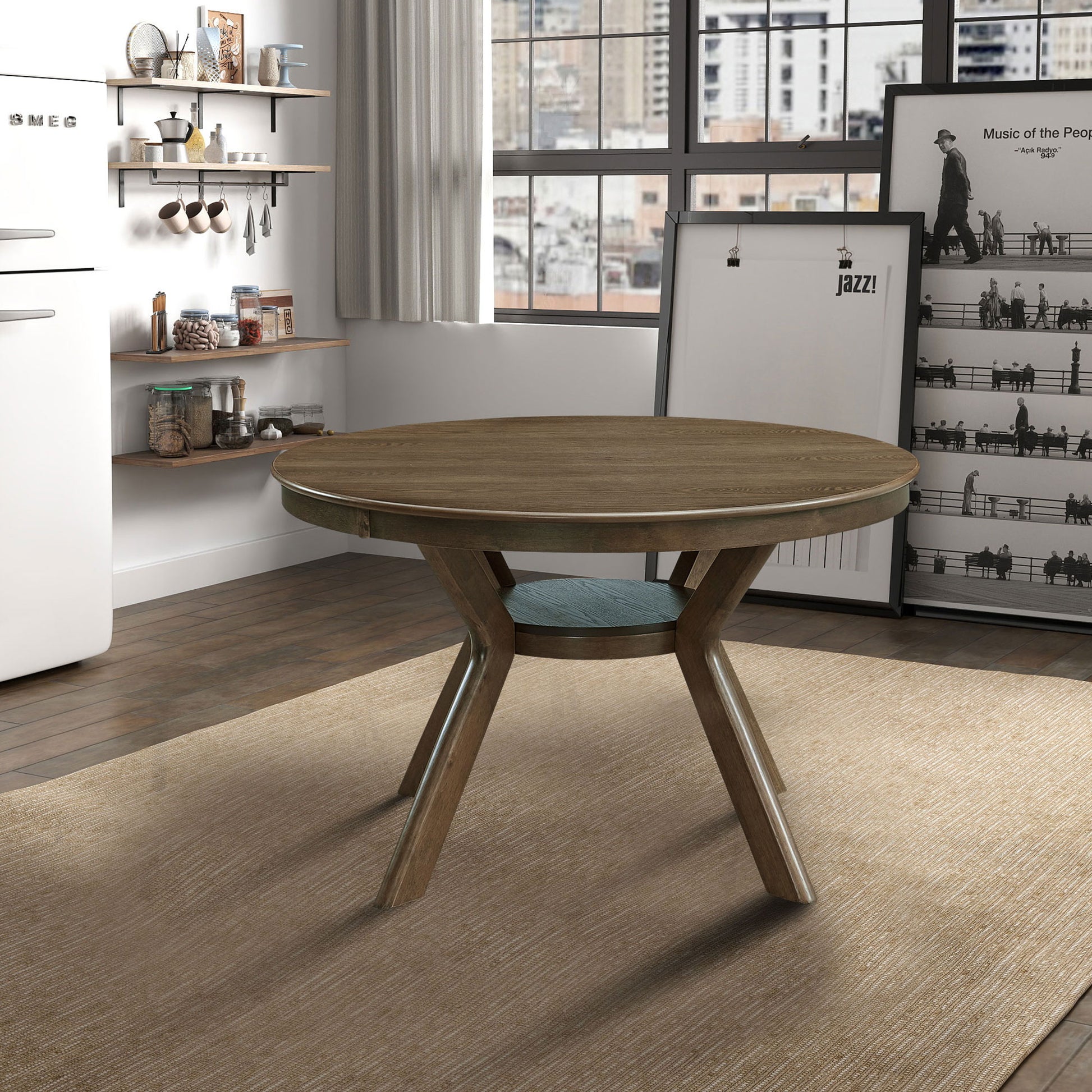 47.24''Round Rubber Wood Dining Table for 4-6 with Wooden Trestle Pedestal Base,Modern Kitchen Wooden Table Dinner Table for Dining Room, Living Room,Oak(1Table) image 1