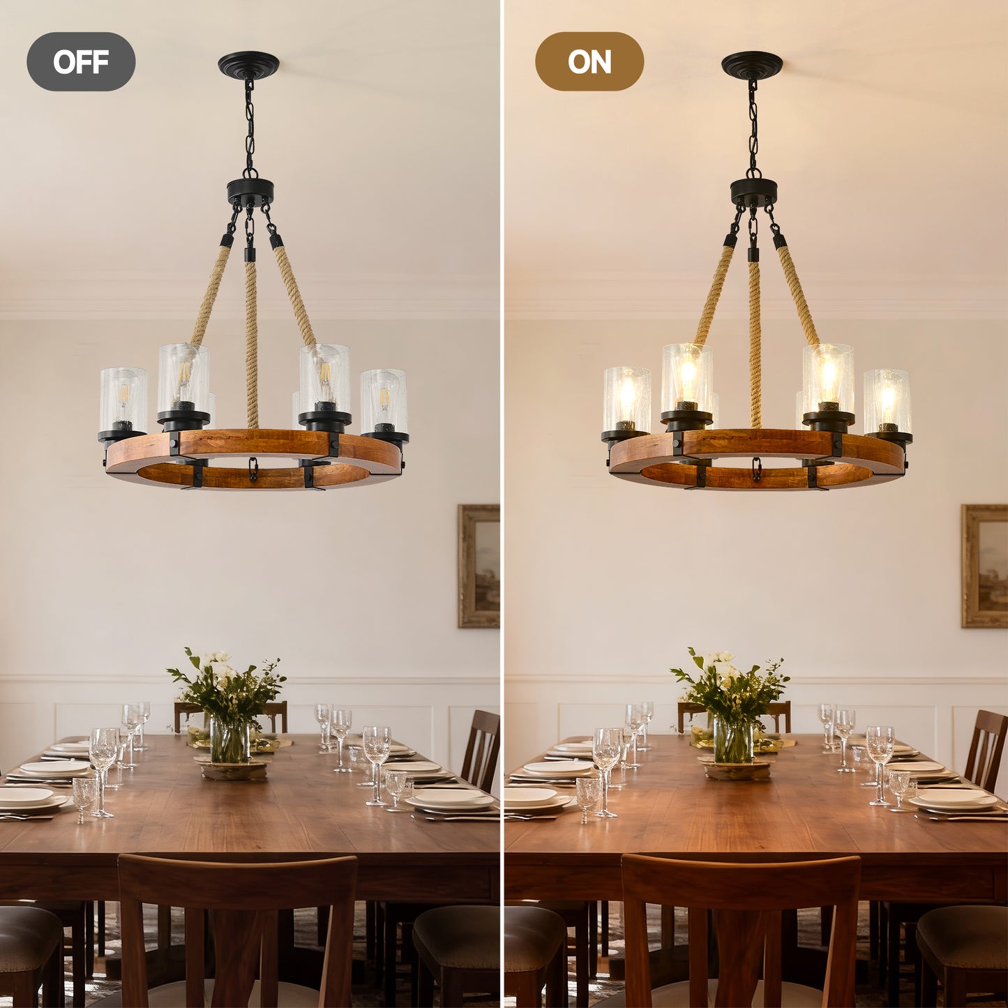 23.62 INCH Round Wood Pendant Light with Seeded Glass Shade, Rustic 6-Light Wagon Wheel Chandelier,Farmhouse Chandeliers for Dining Room Kitchen Island Foyer Entryway (8 Light)--NO INCLUDED BULBS image 3