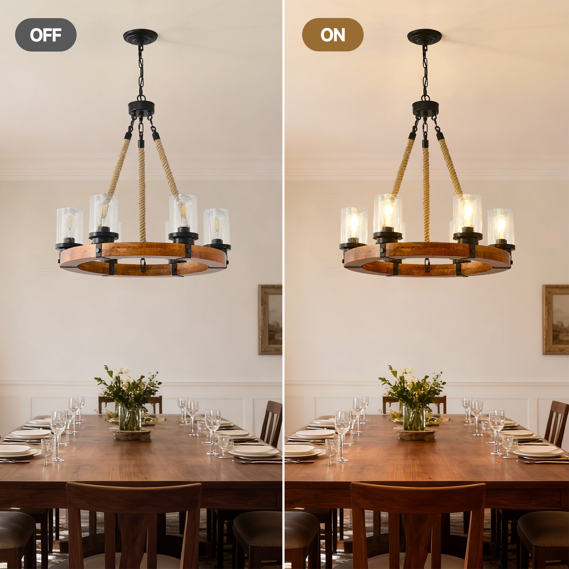 23.62 INCH Round Wood Pendant Light with Seeded Glass Shade, Rustic 6-Light Wagon Wheel Chandelier,Farmhouse Chandeliers for Dining Room Kitchen Island Foyer Entryway (8 Light)--NO INCLUDED BULBS image 3