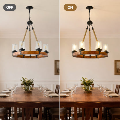 23.62 INCH Round Wood Pendant Light with Seeded Glass Shade, Rustic 6-Light Wagon Wheel Chandelier,Farmhouse Chandeliers for Dining Room Kitchen Island Foyer Entryway (8 Light)--NO INCLUDED BULBS image 3