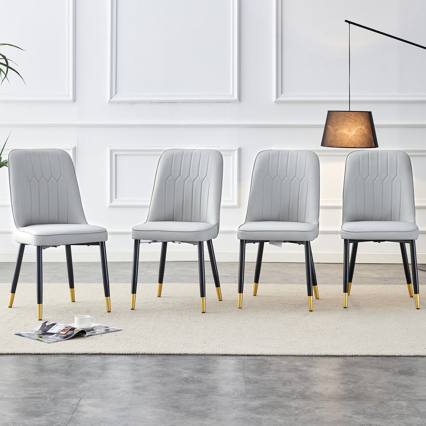 Modern dining chairs are equipped with light gray PU artificial leather backrest cushions and black metal legs, suitable for restaurants,kitchens,and bedrooms.Set of 4pieces (light gray+PU) image 3