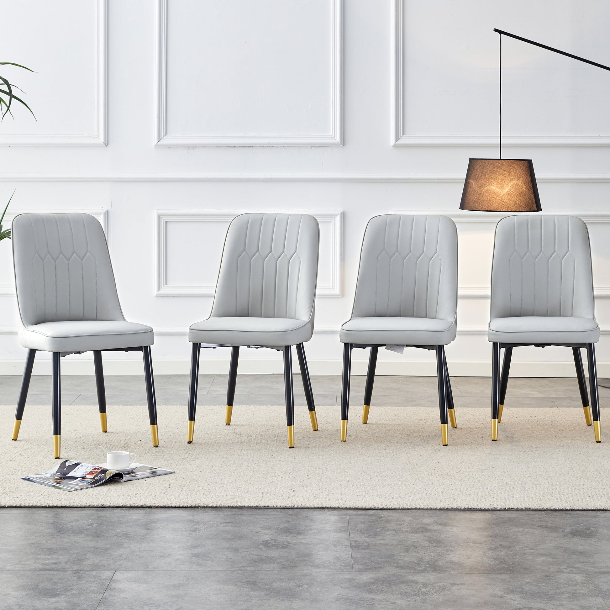 Modern dining chairs are equipped with light gray PU artificial leather backrest cushions and black metal legs, suitable for restaurants,kitchens,and bedrooms.Set of 4pieces (light gray+PU) image 3