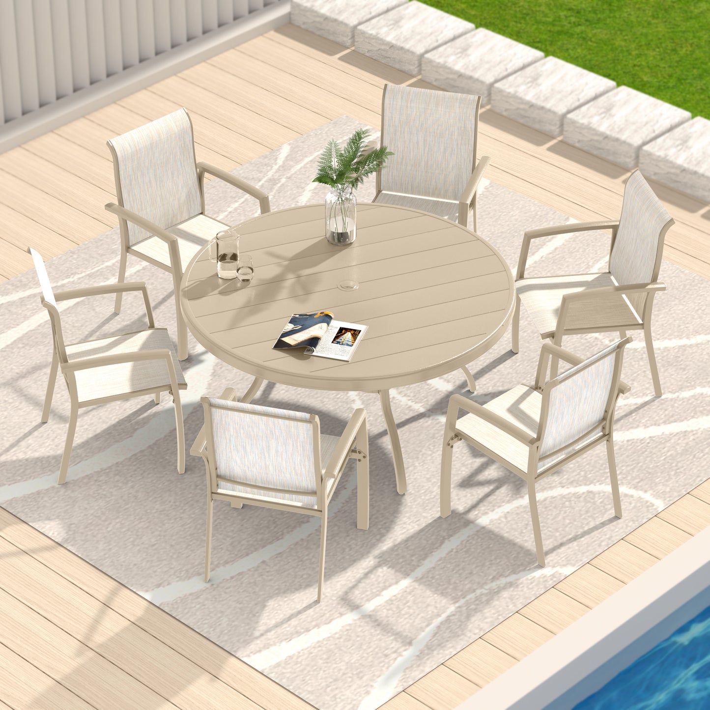 Outdoor Round Patio Dining Table for 6-7, All Weather Metal Dining Table with Umbrella Hole for Deck Lawn Garden Backyard, Sandstone Color image 9