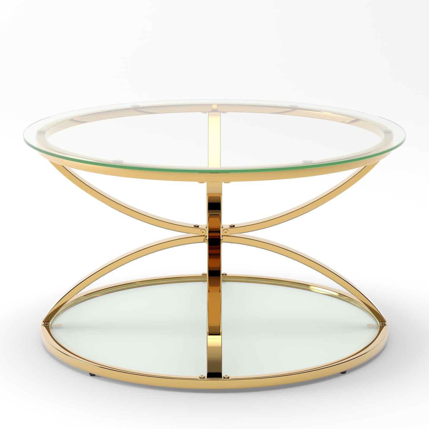 31.50'' Modern Glass Coffee Table with 2 Tiers, Ring-Shaped Frames, Metal Frame and Clear Tempered Glass, Round Coffee Table for Living Room, Bedroom and Office, Gold image 6