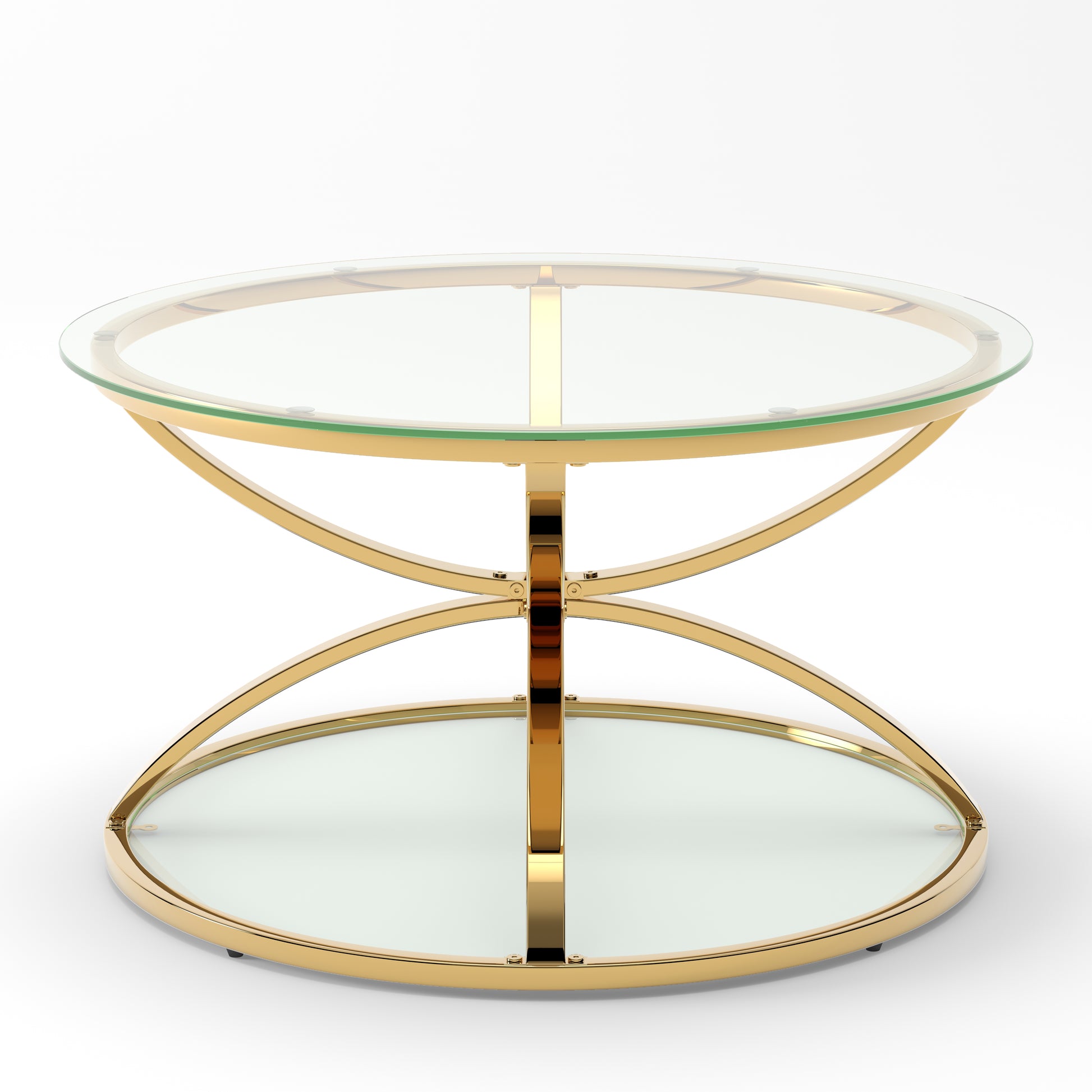 31.50'' Modern Glass Coffee Table with 2 Tiers, Ring-Shaped Frames, Metal Frame and Clear Tempered Glass, Round Coffee Table for Living Room, Bedroom and Office, Gold image 6