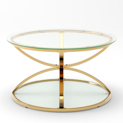 31.50'' Modern Glass Coffee Table with 2 Tiers, Ring-Shaped Frames, Metal Frame and Clear Tempered Glass, Round Coffee Table for Living Room, Bedroom and Office, Gold image 6