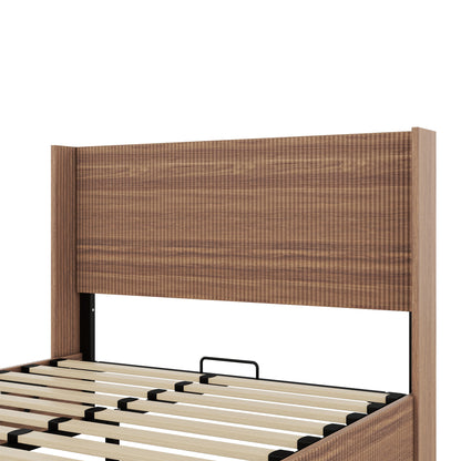 (Queen size) bed frame with a grooved and undulating lifting storage function, featuring a lifting storage feature, safe and beautiful / without noise, a wooden slat platform bed frame in a natural image 8