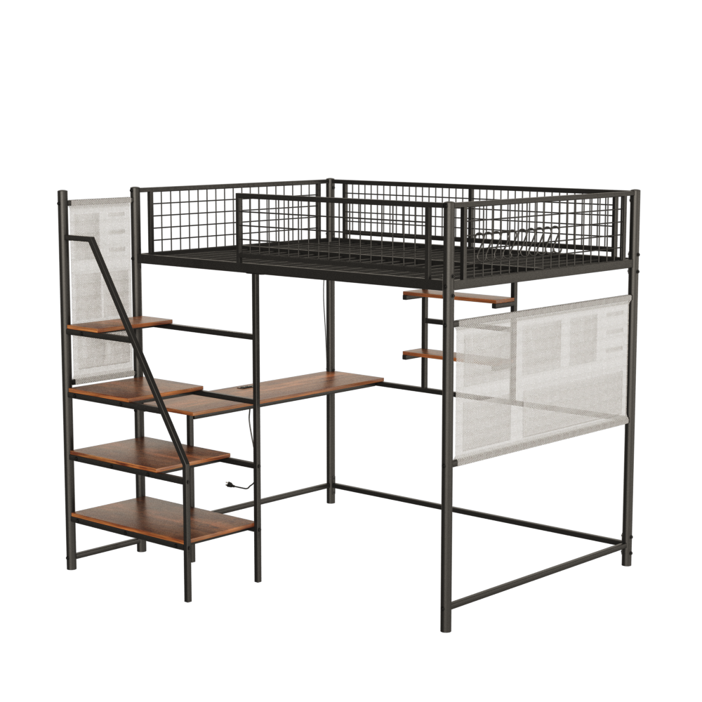 Full size loft metal bed with black for bedroom and dormitory, with built-in charging station and LED lighting image 9